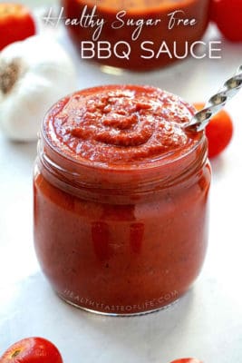 Learn how to make a healthy sugar free BBQ sauce from scratch. This clean eating BBQ sauce recipe is made without ketchup, its sugar free, gluten free and dairy free. A healthy keto, paleo and whole30 BBQ sauce that is made with clean whole foods – low carb, vegan and kid friendly