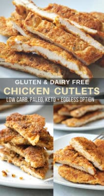 Thin sliced Chicken Cutlets (baked or fried) with a golden crust on the outside and juicy on the inside. 3 Different Italian inspired chicken cutlet recipes that can be made: Gluten Free, Egg Free, Dairy Free, Paleo or Keto. Quick, simple and easy chicken cutlets great for large family dinners, parties and finger food for kids.