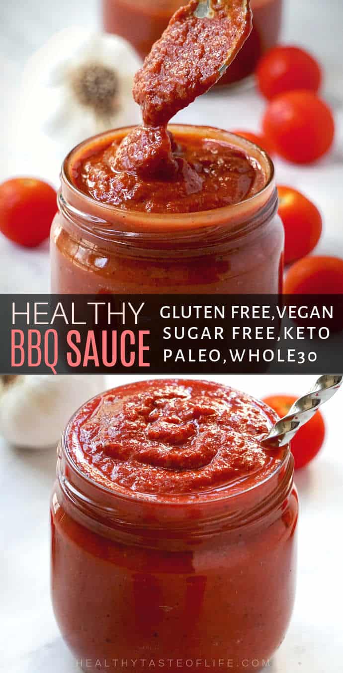 Healthy Homemade BBQ Sauce - Sugar Free, Low Carb, Gluten Free, Dairy Free. A clean eating homemade BBQ sauce recipe made without ketchup that is also paleo, keto, whole30 and vegan friendly. Brush this Healthy Sugar free BBQ sauce onto veggies, your favorite piece of meat or use it as a dipping sauce.