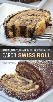 This easy gluten free swiss roll cake is covered in a delicious layer of “chocolaty” carob frosting and is also dairy free, grain free & refined sugar free. Whether you call it a Swiss Roll, a Roulade Cake or a Yule Log, this simple sponge roll cake is sure to make an impressive gluten free dairy free or paleo dessert for any party. If you want a chocolate swiss roll but you are allergic to chocolate, then you should try this recipe made with a chocolate substitute.