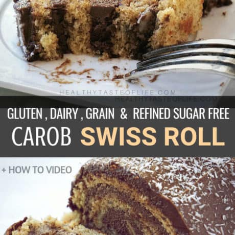 This easy gluten free swiss roll cake is covered in a delicious layer of “chocolaty” carob frosting and is also dairy free, grain free & refined sugar free. Whether you call it a Swiss Roll, a Roulade Cake or a Yule Log, this simple sponge roll cake is sure to make an impressive gluten free dairy free or paleo dessert for any party. If you want a chocolate swiss roll but you are allergic to chocolate, then you should try this recipe made with a chocolate substitute.