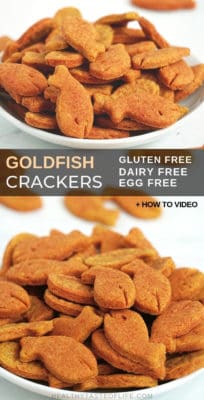 Gluten Free Goldfish Crackers Recipe (Dairy free, Vegan) – a healthy homemade snack for kids, great on the go or as a school snack. How-to Video + Low carb version available. These gluten free goldfish crackers are also sugar free and nut free. #glutenfreevegan #glutenfreesnack #glutenfreedairyfree #kidssnacks #glutenfree #dairyfree #crackers