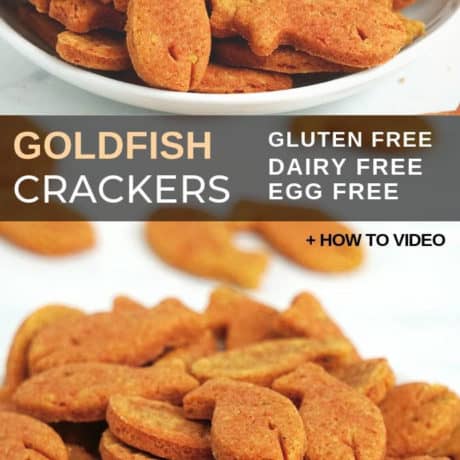 Gluten Free Goldfish Crackers Recipe (Dairy free, Vegan) – a healthy homemade snack for kids, great on the go or as a school snack. How-to Video + Low carb version available. These gluten free goldfish crackers are also sugar free and nut free. #glutenfreevegan #glutenfreesnack #glutenfreedairyfree #kidssnacks #glutenfree #dairyfree #crackers