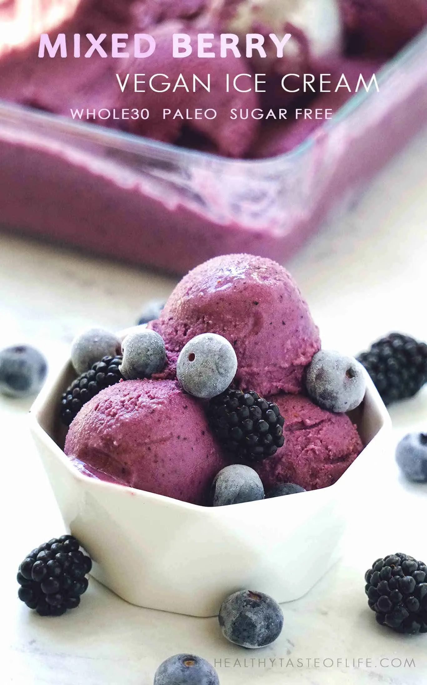 Healthy Dairy Free Mixed Berry Ice Cream (Blueberry, Blackberry, Strawberry) - Whole 30, Paleo, Vegan, Sugar Free, Gluten Free, Clean Eating No Dairy Summer Dessert With Coconut Cream, dates and berries).