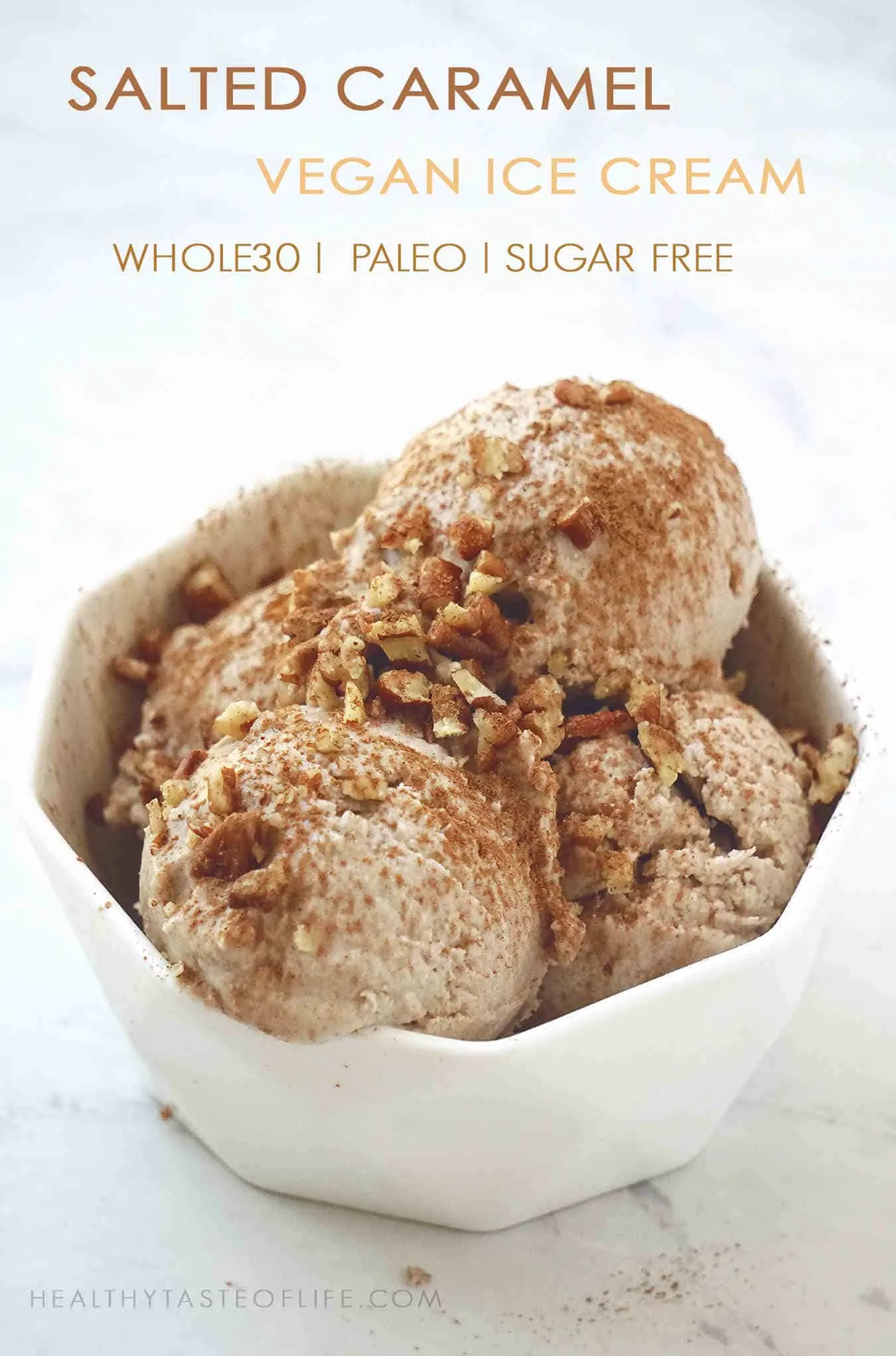 Healthy Dairy Free Salted Caramel Ice Cream (Whole 30, Paleo, Vegan, Sugar Free, Gluten Free, Clean Eating No Dairy Caramel Flavored Dessert with a rich / creamy coconut and cashew base that's swirled with salty date caramel.