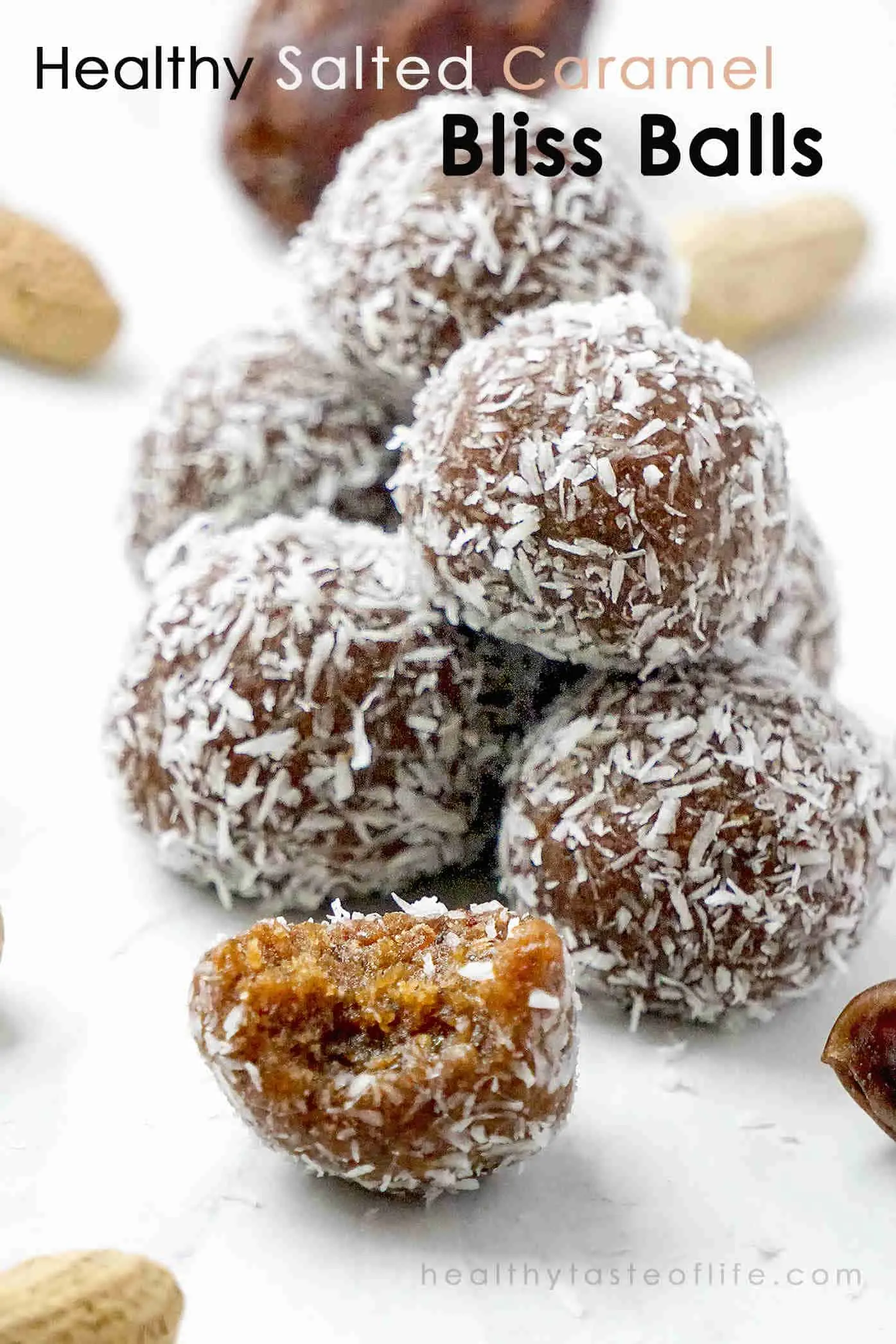 Healthy salted caramel bliss balls recipe (raw vegan, made with peanut butter and other real food ingredients that provide antioxidants and energy). Tasty and healthy salted caramel protein bliss balls that are loaded with caramel flavor and are naturally grain free and paleo compliant.