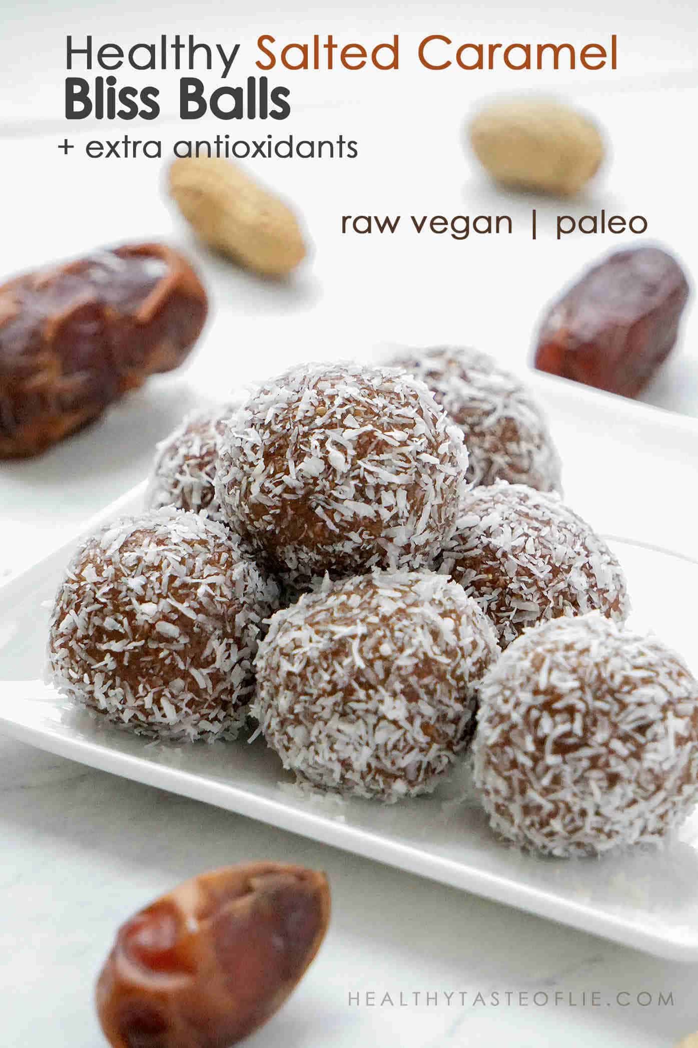 Healthy vegan peanut butter bliss balls recipe with salted caramel flavor made with peanut butter, dates, seeds and a few secret ingredients that enhances the caramel flavor and provide energy boosting and antioxidants as a bonus. These raw vegan paleo bliss balls are easy to make and make a healthy snack or a quick breakfast on the go.