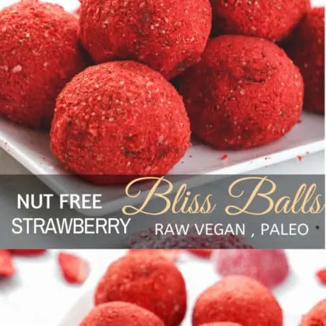 Healthy Strawberry bliss balls or strawberry protein balls made with healthy fats, good carbs and protein with a bright strawberry flavor. These strawberry bliss balls are vegan, paleo, gluten free, nut free, clean eating friendly snack - perfect for kids and adults. Grab on the go healthy bliss balls – packed with healthy seeds, dates and strawberries. #strawberryblissballs