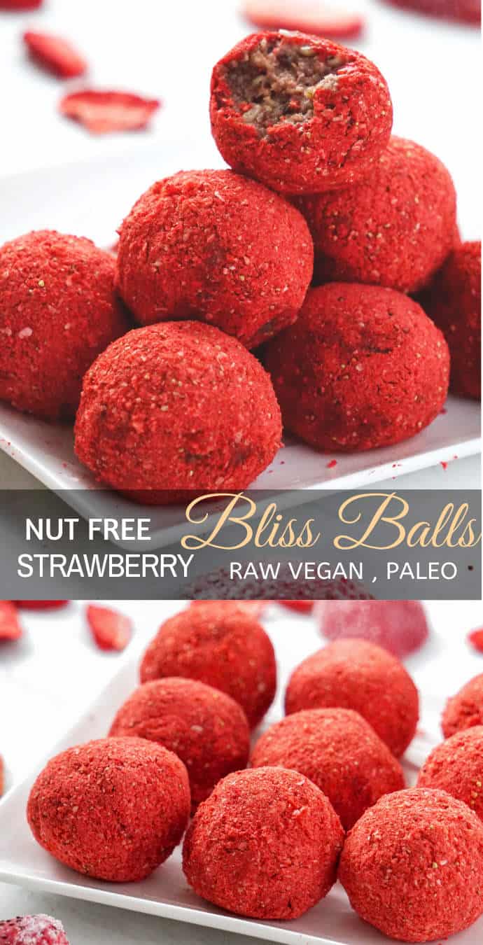 Healthy Strawberry bliss balls or strawberry protein balls made with healthy fats, good carbs and protein with a bright strawberry flavor. These strawberry bliss balls are vegan, paleo, gluten free, nut free, clean eating friendly snack - perfect for kids and adults. Grab on the go healthy bliss balls – packed with healthy seeds, dates and strawberries. #strawberryblissballs