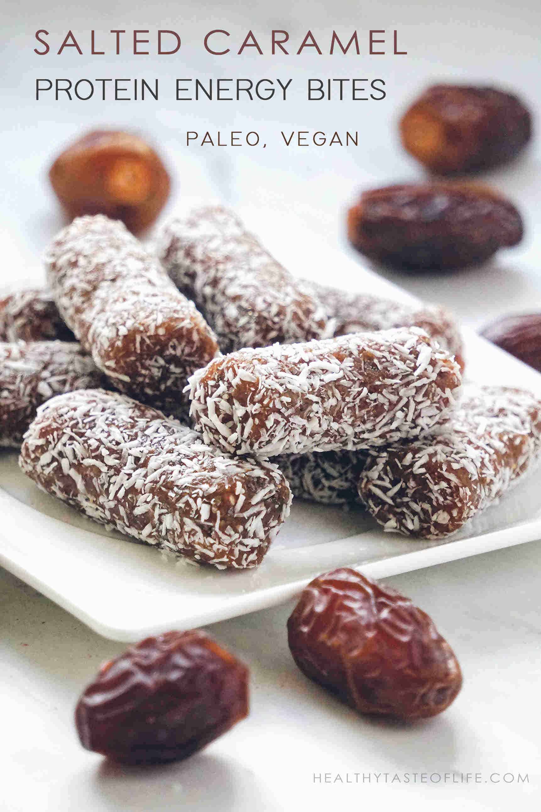 Healthy Salted Caramel Coconut Date Rolls (Raw Vegan, Paleo) - a no bake, raw vegan, paleo snack or a quick breakfast you can have on the go. These coconut date rolls make perfect salted caramel protein energy bites or power bites without processed sugar. Filled with lots of fiber, good carbs, protein and healthy fats.