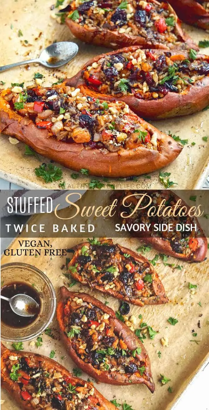 A savory twice baked sweet potatoes recipe perfect as a healthy lunch, dinner or side dish for your Thanksgiving table. These little stuffed sweet potatoes are vegan, gluten free and deliver a savory combination of caramelized onions, brown rice, cranberry, pecans and bell peppers - all baked and finished with a balsamic maple glaze. 
