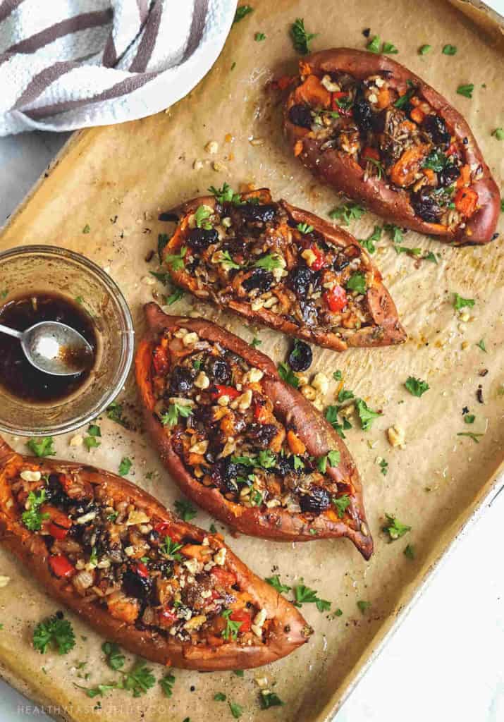 Baked Sweet Potatoes Stuffed With Savory Filling (Vegan) | Healthy ...