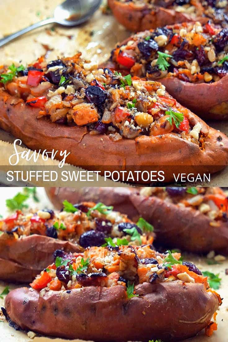 Stuffed Sweet Potatoes twice baked in the oven - a Healthy Vegan Dinner Or Side Dish great for Thanksgiving  table. These baked Sweet potatoes are stuffed  with savory filling - rive veggies and dried fruit.