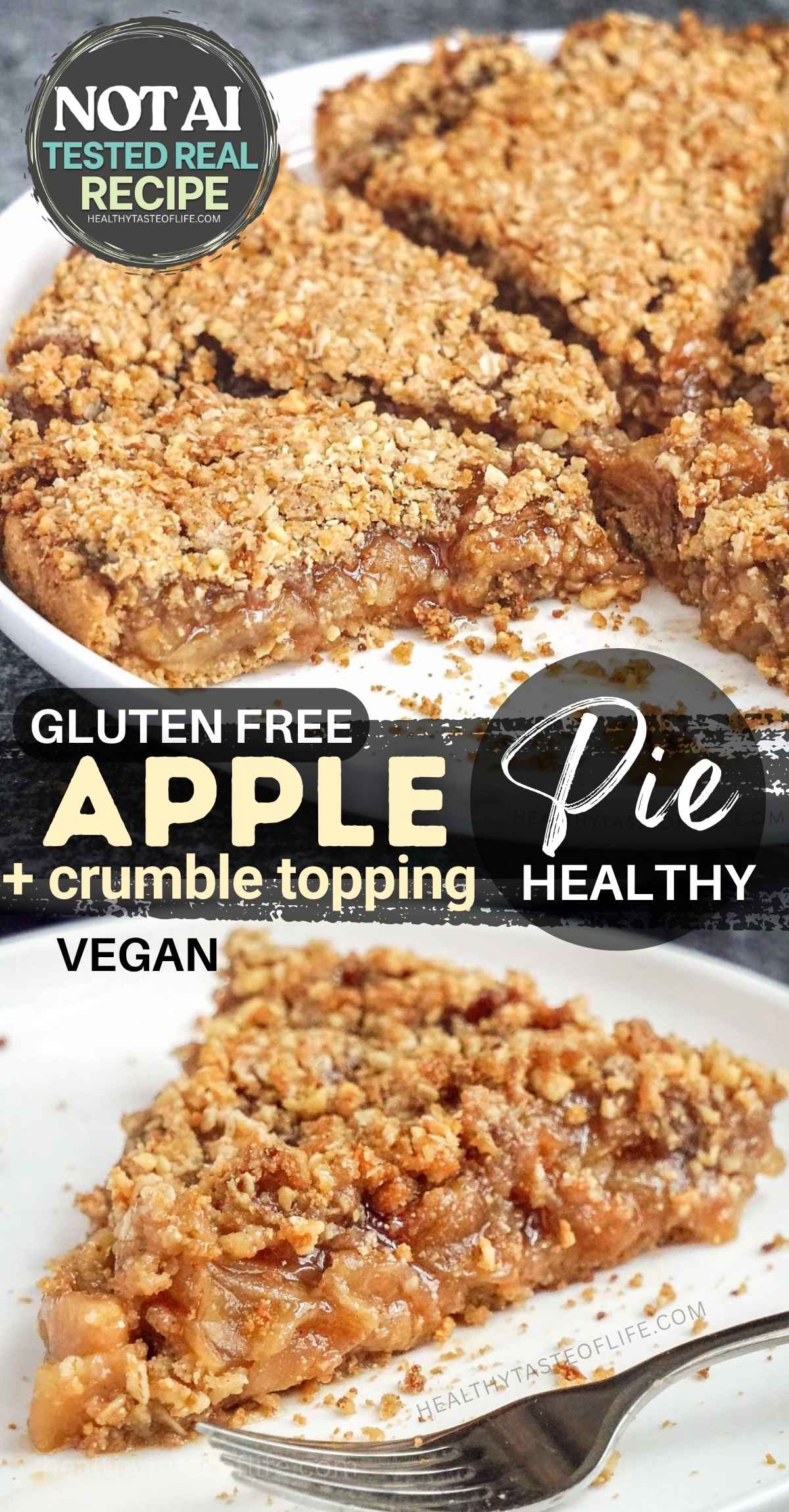 This gluten free apple pie with crumble topping has a tender oat-flour crust, juicy cinnamon apple filling and a crunchy oat-walnut streusel. This healthier dairy free and vegan apple pie is also egg free and made with maple sugar instead of refined sugar. A cozy homemade apple crumb pie for fall baking, Thanksgiving dessert, Christmas and the holiday season.