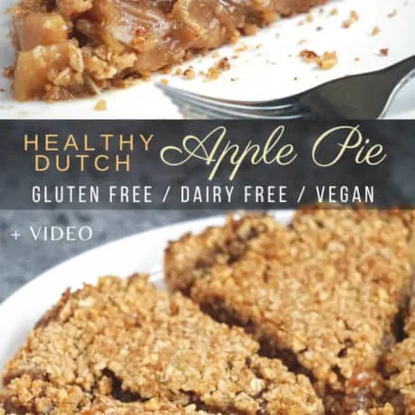 Healthy vegan gluten free apple pie recipe that features an eggless gluten free pie crust, layers baked apples, and a crunchy crumble topping with oats. It’s basically a Dutch apple pie but without dairy, gluten, eggs and processed ingredients. This easy gluten free apple crumble pie tart can be made in advance and is great served for any holiday table, especially during Thanksgiving and Christmas. #applepie #glutenfree #dairyfree #vegan #recipe #crumble #oatmeal #healthy #easy