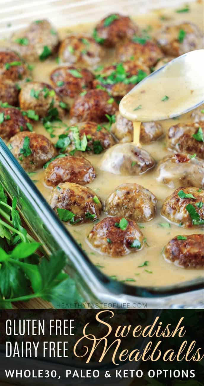 Healthy gluten free Swedish meatballs recipe (whole30, keto, paleo options) made with ground turkey and beef, oven baked and perfectly browned –served with a creamy dairy free Swedish meatballs sauce.
