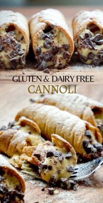 A gluten free cannoli recipe with dairy free filling: crisp and golden-brown baked cannoli shells filled with a delicious dairy free custard cream, finished with chopped chocolate and a dusting of powdered freeze dried fruit. An allergy friendly gluten free cannoli recipe perfect for holidays like Easter, Christmas, or New Year’s Eve.