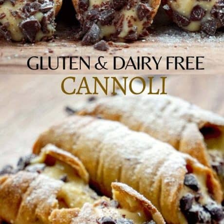 A gluten free cannoli recipe with dairy free filling: crisp and golden-brown baked cannoli shells filled with a delicious dairy free custard cream, finished with chopped chocolate and a dusting of powdered freeze dried fruit. An allergy friendly gluten free cannoli recipe perfect for holidays like Easter, Christmas, or New Year’s Eve.