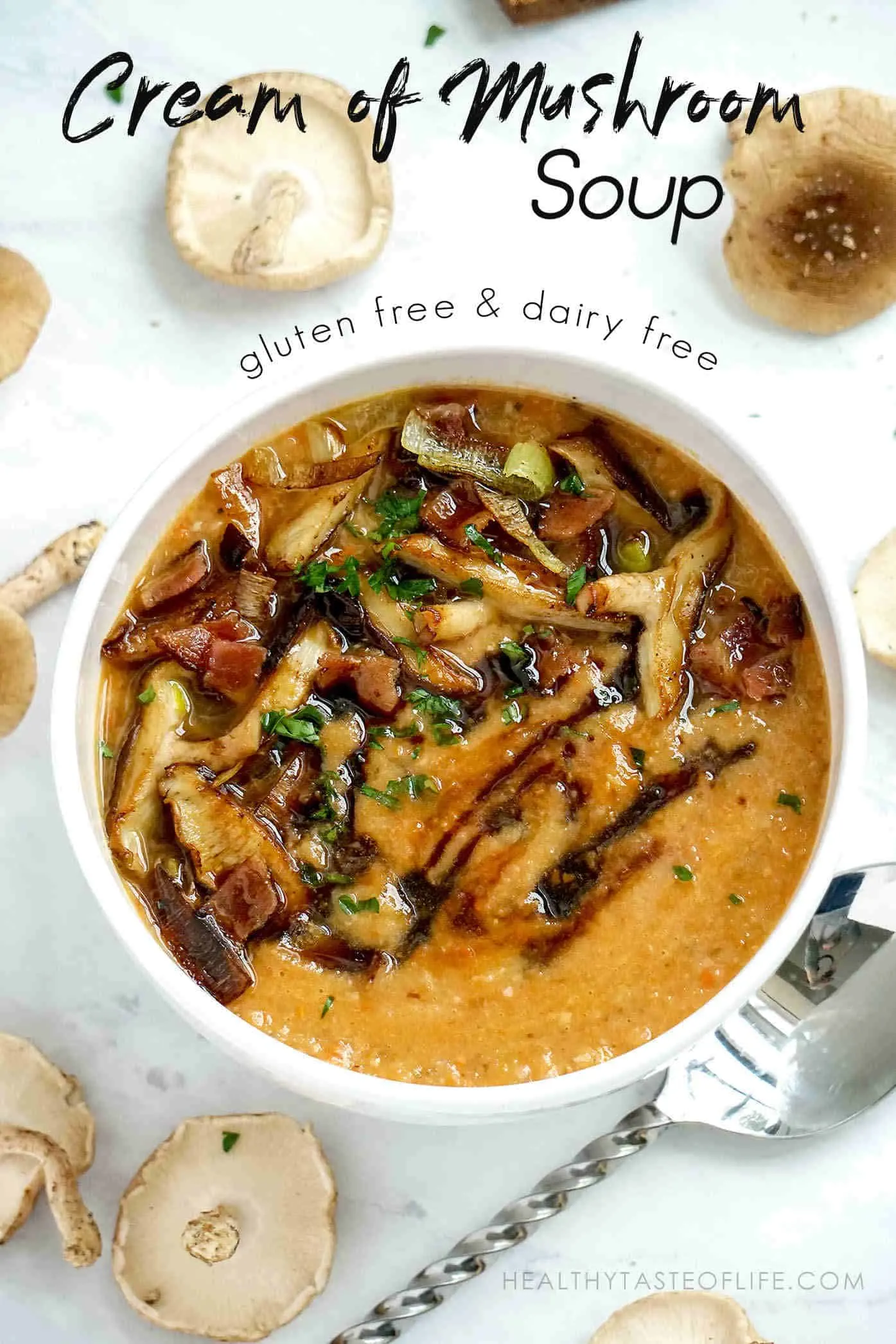 Healthy creamy shiitake mushroom soup recipe - it has a rich "creamy" taste without using any dairy or non dairy ingredients, thickening agents or flour.  It's full of health benefits due to immune boosting shiitake mushrooms. #shiitake #mushroom #soup #healthy