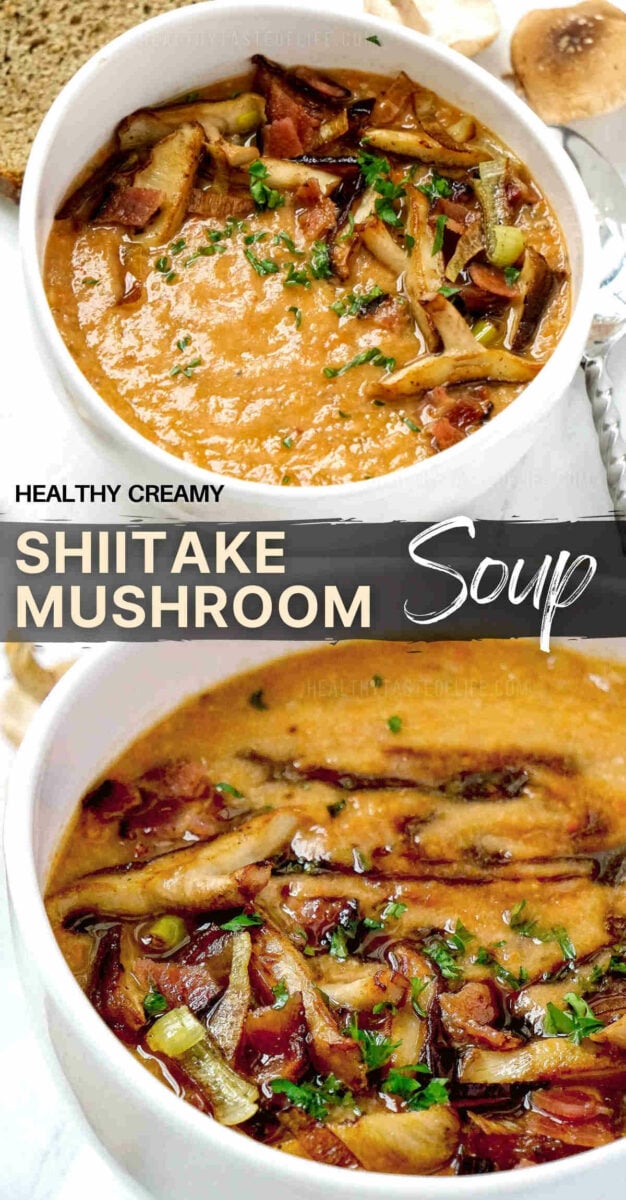 Healthy creamy shiitake mushroom soup recipe, dairy free no cream required. This healthy shiitake mushroom soup is made with immune boosting shiitake mushrooms, veggies and thickened with chickpeas. It can also be easy transformed into a healthy vegan shiitake mushroom soup recipe #mushroomsoup #dairyfree #healthy #shiitake #soup #creamy