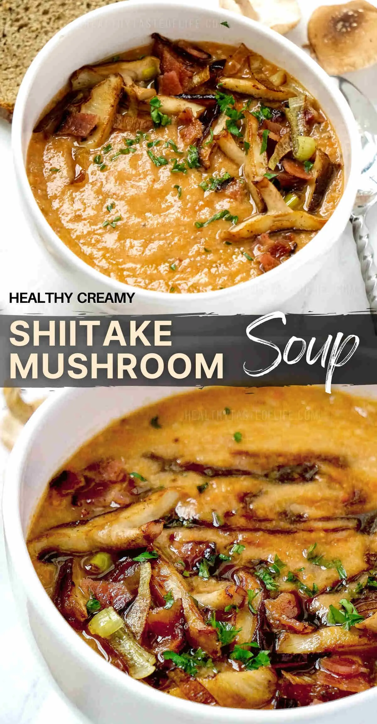 Healthy creamy shiitake mushroom soup recipe, dairy free no cream required. This healthy shiitake mushroom soup is made with immune boosting shiitake mushrooms, veggies and thickened with chickpeas. It can also be easy transformed into a healthy vegan shiitake mushroom soup recipe #mushroomsoup #dairyfree  #healthy #shiitake #soup #creamy