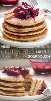 Healthy fluffy gluten free pancakes made with the discarded sourdough starter, sorghum flour, apple sauce and without dairy. These gluten free pancakes have no xanthan gum, no baking powder, no oats and no bananas. An easy gluten free pancake recipe that makes 10 light and fluffy pancakes – the perfect breakfast even for kids!