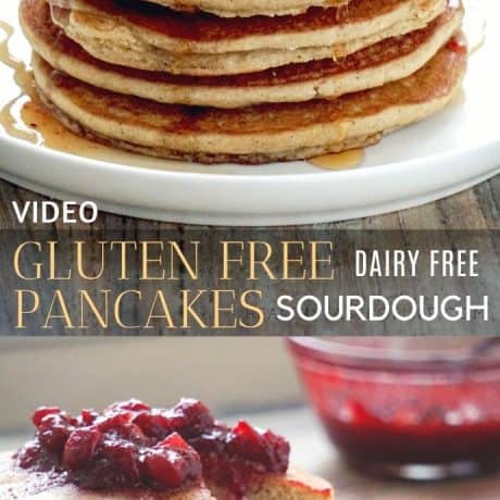 Healthy fluffy gluten free pancakes made with the discarded sourdough starter, sorghum flour, apple sauce and without dairy. These gluten free pancakes have no xanthan gum, no baking powder, no oats and no bananas. An easy gluten free pancake recipe that makes 10 light and fluffy pancakes – the perfect breakfast even for kids!