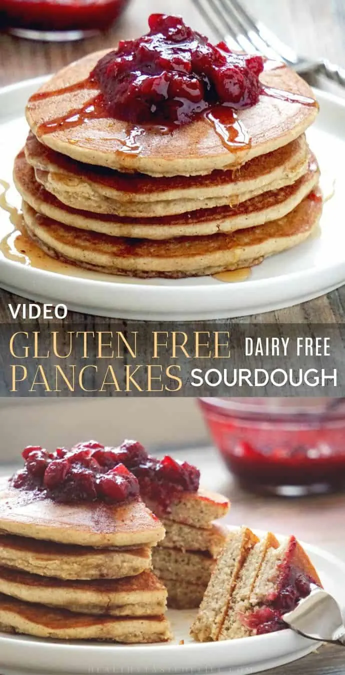 Healthy fluffy gluten free pancakes made with the discarded sourdough starter, sorghum flour, apple sauce and without dairy. These gluten free sourdough pancakes have no xanthan gum, no baking powder, no oats and no bananas. The recipe makes 10 light and fluffy pancakes. #glutenfree #sourdough #pancakes