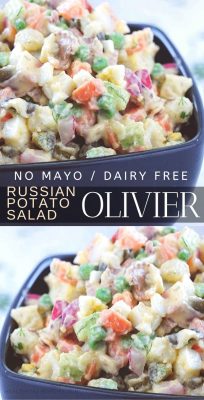 Olivier salad or Russian Potato salad (+ recipe video) – creamy, tangy and made without mayo, tweaked to be healthier, lighter, safely dairy free and gluten free. An Olivier salad filled with potatoes, peas, carrots, bold flavors like bacon, dill pickles and crunchy bites, you can even make it vegetarian. This Russian potato salad is perfect as a side dish, as a burrito filler, or even a make-ahead lunch or dinner!
