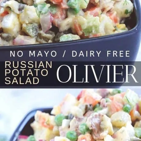 Olivier salad or Russian Potato salad (+ recipe video) – creamy, tangy and made without mayo, tweaked to be healthier, lighter, safely dairy free and gluten free. An Olivier salad filled with potatoes, peas, carrots, bold flavors like bacon, dill pickles and crunchy bites, you can even make it vegetarian. This Russian potato salad is perfect as a side dish, as a burrito filler, or even a make-ahead lunch or dinner!