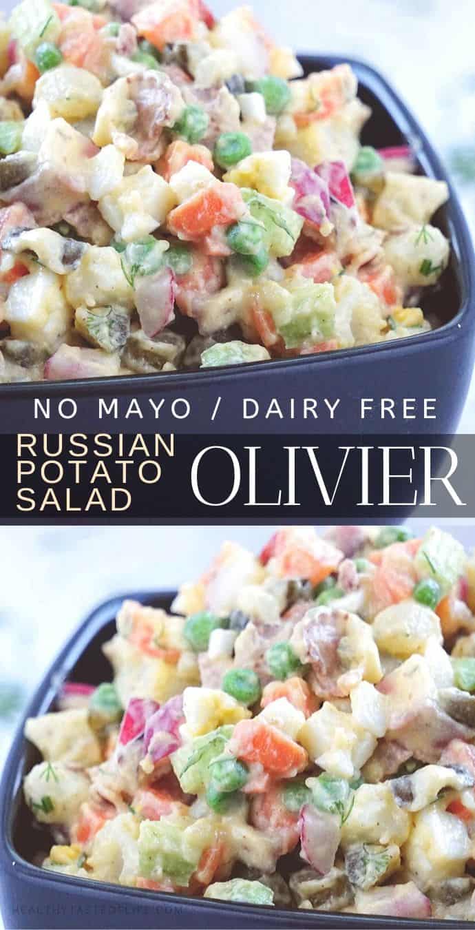 Olivier salad or Russian Potato salad (+ recipe video) – creamy, tangy and made without mayo, tweaked to be healthier, lighter, safely dairy free and gluten free. 