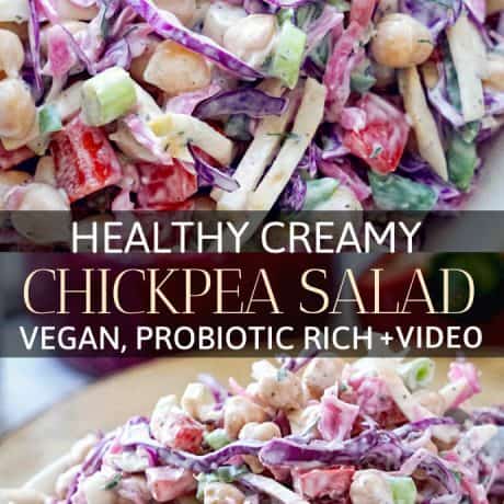 Healthy creamy chickpea salad recipe with a creamy vegan dressing + video. This simple, crunchy, tangy, protein packed vegan chickpea salad provides lots of vitamins, probiotics featuring cabbage, celery root and bell peppers. This creamy chickpea salad makes a delicious vegetarian or vegan side dish / lunch or it can be mashed in a sandwich or wrap. #chickpeasalad #creamy #vegansalad #cabbage #healthysalad