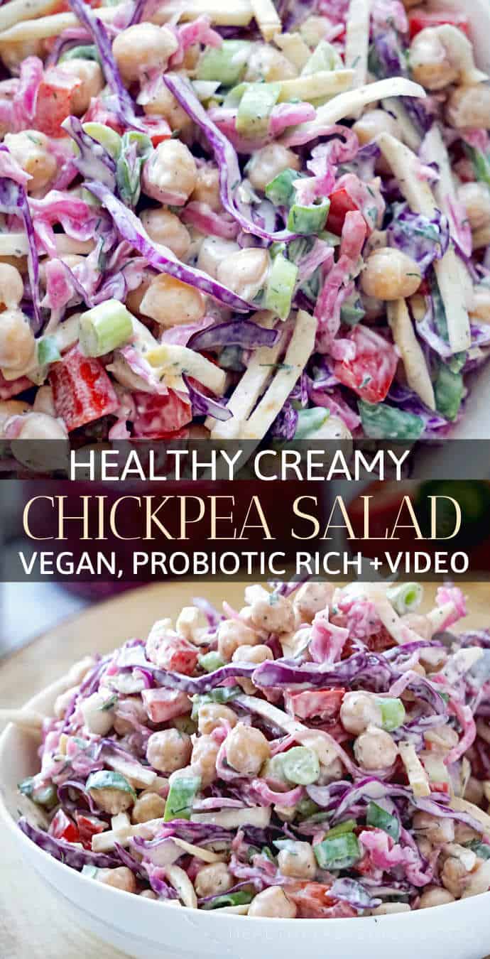 Healthy chickpea salad recipe with a creamy vegan dressing + video. This simple, crunchy, tangy, protein packed vegan chickpea salad provides lots of vitamins, probiotics and makes a delicious vegetarian / vegan side dish / lunch or it can be mashed in a sandwich or wrap. Easy #vegan 
#chickpeasalad  - #glutenfree, vegetarian, #cleaneating.