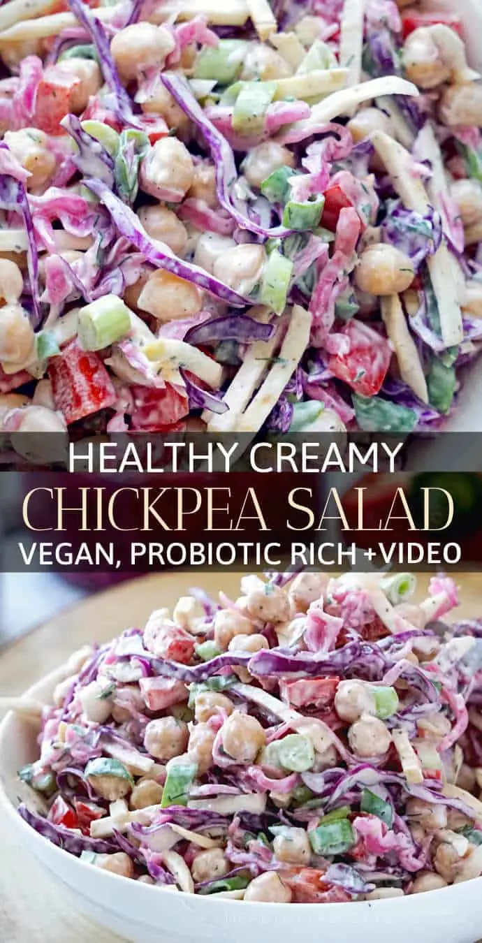 Healthy creamy chickpea salad recipe with a creamy vegan dressing + video. This simple, crunchy, tangy, protein packed vegan chickpea salad provides lots of vitamins, probiotics featuring cabbage, celery root and bell peppers. This creamy chickpea salad makes a delicious vegetarian or vegan side dish / lunch or it can be mashed in a sandwich or wrap. #chickpeasalad #creamy #vegansalad #cabbage #healthysalad