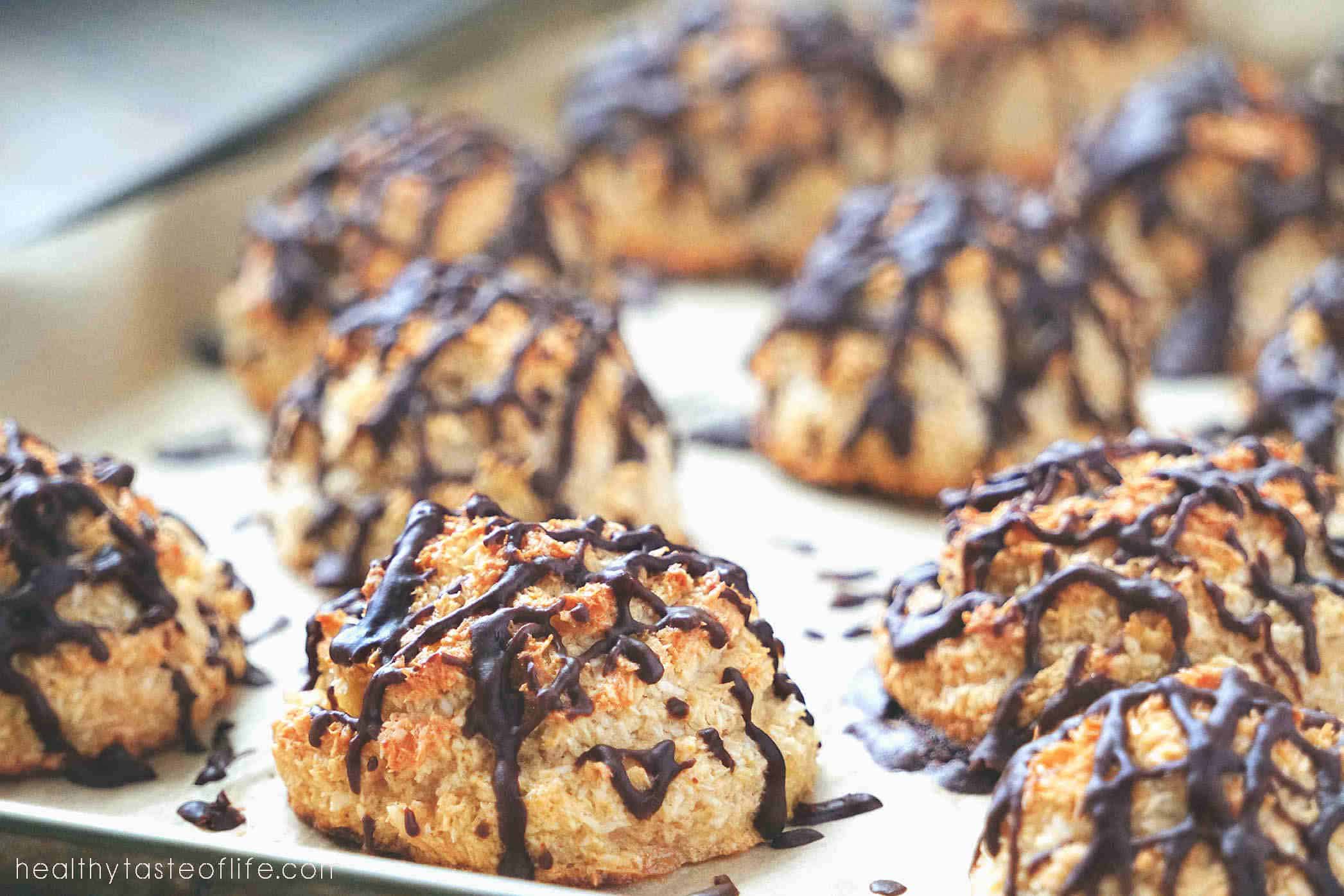Chewy - soft, moist dairy free gluten free coconut macaroons without flour or condensed milk with chocolate drizzle.