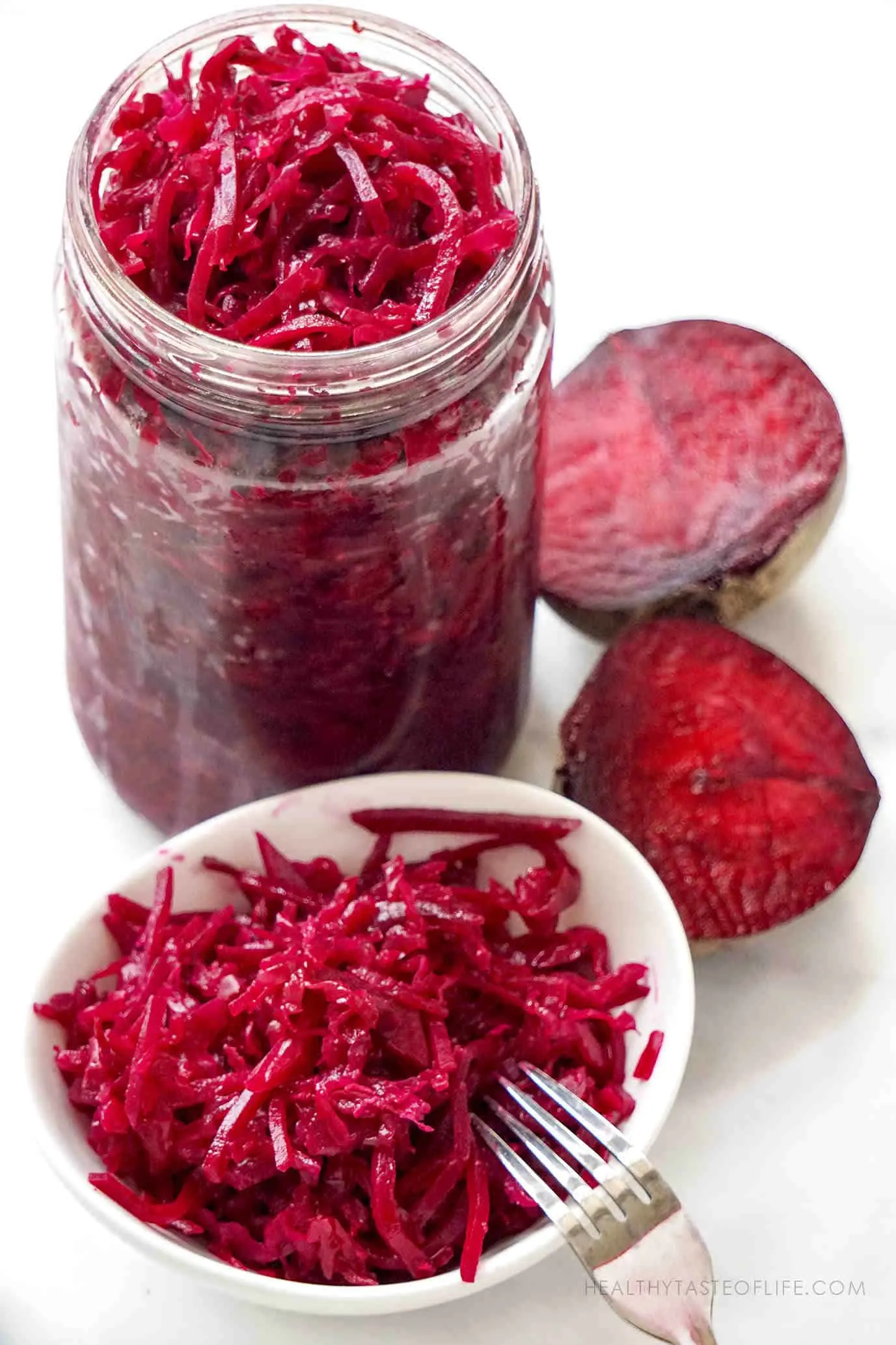 Beet sauerkraut with red cabbage recipe - an easy recipe to lacto ferment beetroot and cabbage - beneficial for the gut health and immune system. 