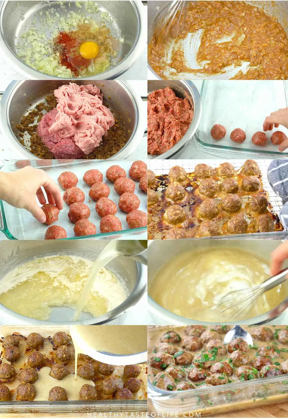 Process shots showing step by step method how to make Gluten Free Swedish Meatballs with Dairy Free Sauce or gravy.