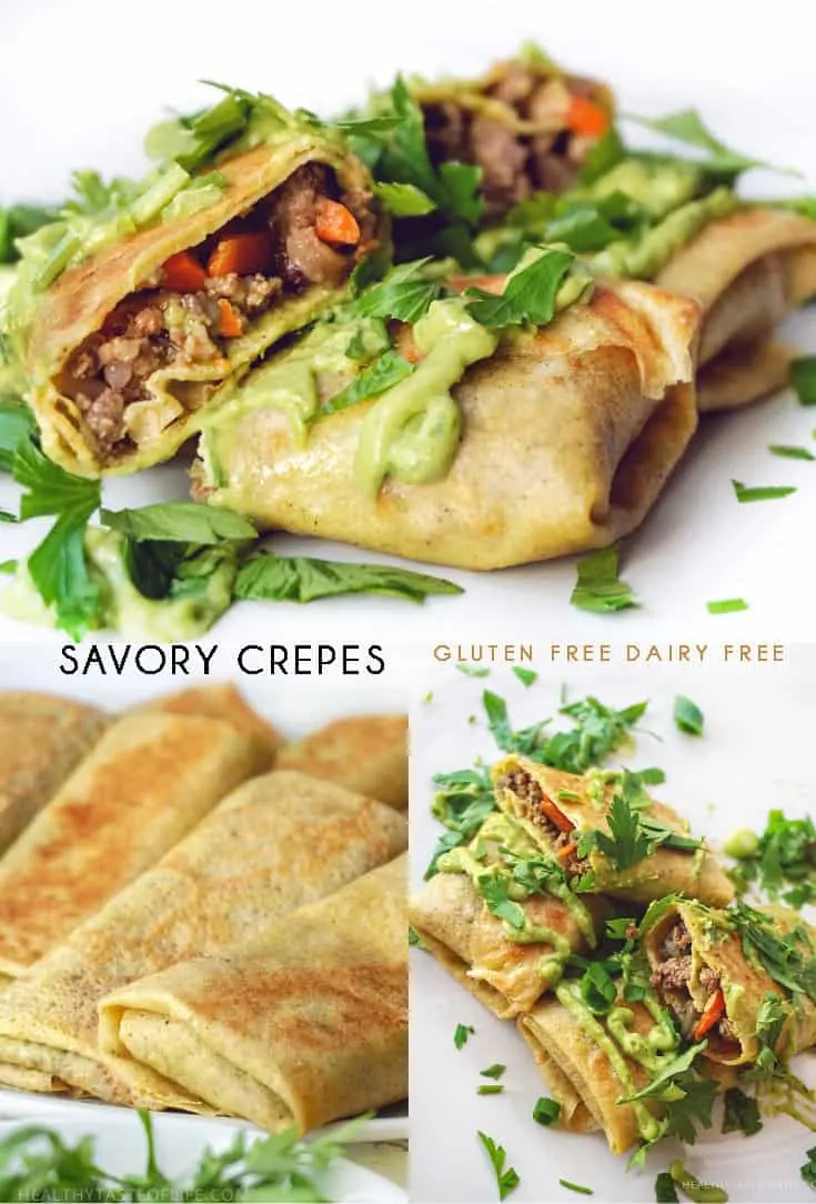 Savory Gluten Free Dairy Free Crepe Filling - crepes stuffed with ground beef and mushrooms and served with a creamy avocado sauce.