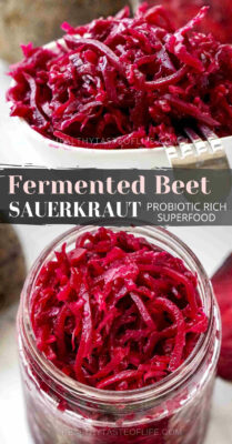 Crispy, crunchy, sour fermented beetroot and red cabbage. This fermented beet sauerkraut recipe uses a combination of raw beetroot, cabbage (white or red), apple, ginger and garlic. The versatile beetroot kraut can be tossed through salads and piled on top of your avocado toasts or even served along roast meats or fish. See detailed instructions for making beet and red cabbage sauerkraut on the website post. #beetsauerkraut #beetrootsauerkraut #beetandcabbagesauerkraut #fermentedbeetroot #beets