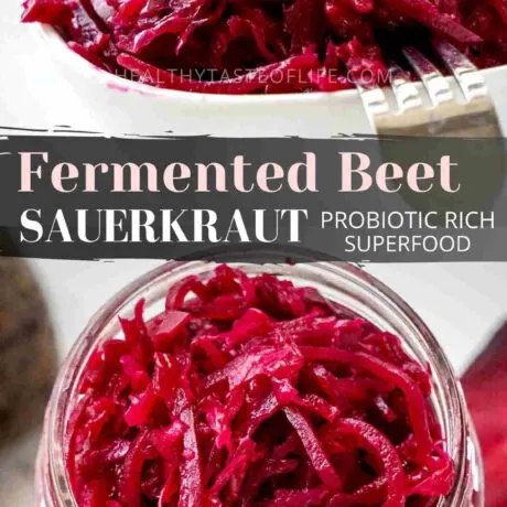 Crispy, crunchy, sour fermented beetroot and red cabbage. This fermented beet sauerkraut recipe uses a combination of raw beetroot, cabbage (white or red), apple, ginger and garlic. The versatile beetroot kraut can be tossed through salads and piled on top of your avocado toasts or even served along roast meats or fish. See detailed instructions for making beet and red cabbage sauerkraut on the website post. #beetsauerkraut #beetrootsauerkraut #beetandcabbagesauerkraut #fermentedbeetroot #beets