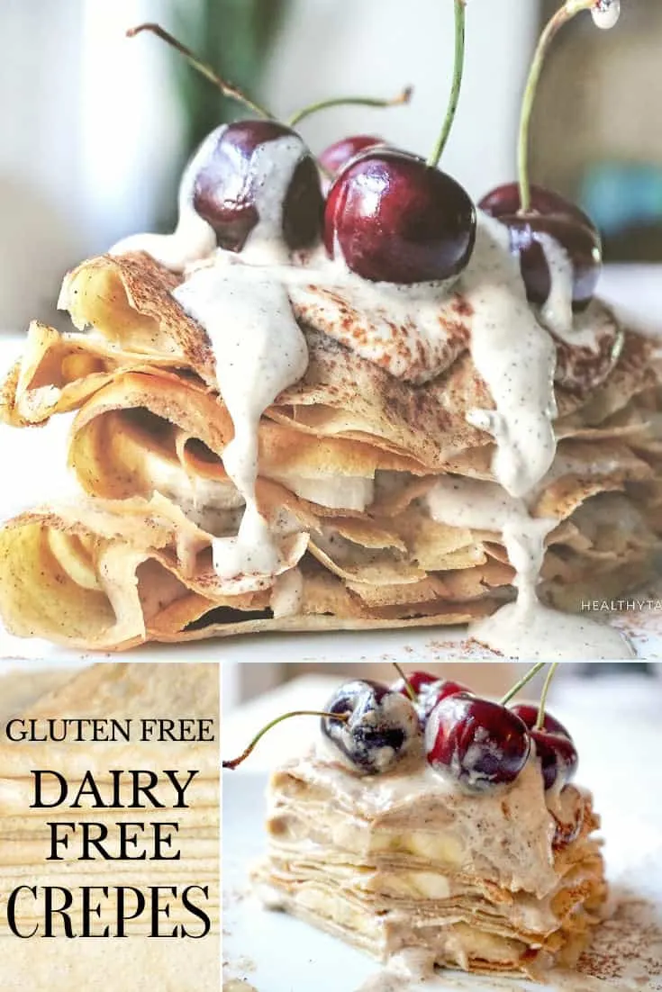 Gluten free dairy free crepes with banana and dairy free crepe filling with cashews coconut cream, coffee and cherries.