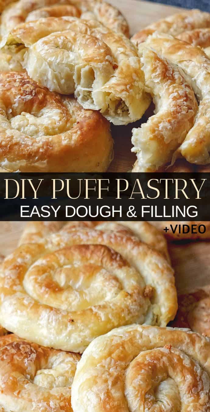 Healthy homemade puff pastry dough recipe filled with cheese and herbs
