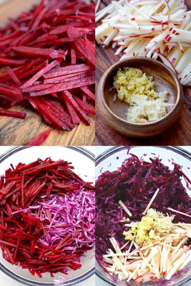 Julienned beetroot, apple, shredded cabbage, minced ginger and garlic.