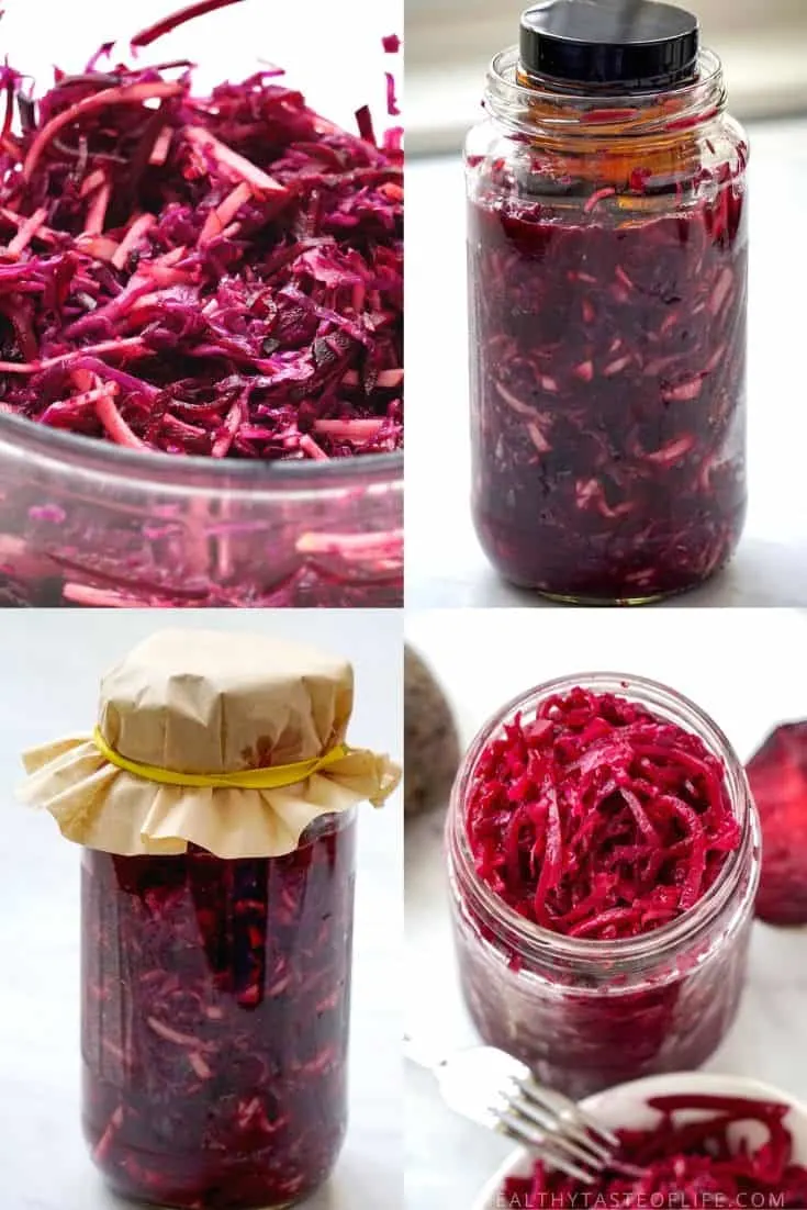 Fermented Beets Recipe. Fermenting beets, cabbage, apple, ginger and garlic mixture in a glass jar.