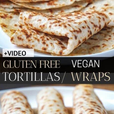 Potato tortillas used as vegan gluten free wraps. These gluten free potato tortillas are very thin, chewy and flexible: the softest vegan gluten free potato tortillas you can make at home! These homemade gluten free tortillas wraps are so tasty, tender and pliable, you’ll never use store-bought again. #glutenfreetortillas #veganwraps #potatotortillas #vegantortillas