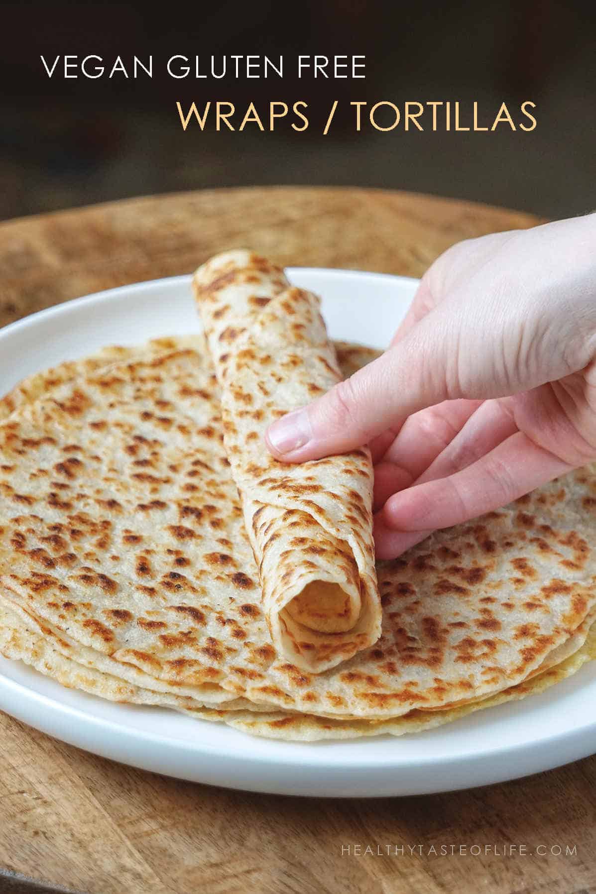 Gluten free potato tortillas. These gluten free tortillas wraps are very thin, chewy and flexible: the softest vegan gluten free potato tortillas you can make at home! These homemade gluten free tortillas wraps are so tasty, tender and pliable, you’ll never use store-bought again. #glutenfreetortillas #veganwraps 