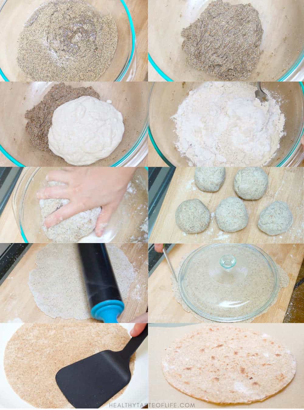 Process shots showing how to make healthy gluten free tortillas with sourdough flax seeds and gluten free brown rice flour.