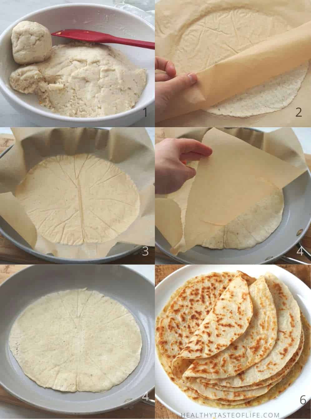 Process shots showing how to make gluten free tortillas wraps using parchment paper and a non-stick skillet.