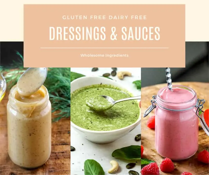 Clean eating gluten free dairy free sauces, dressings and dips shown in the cookbook.