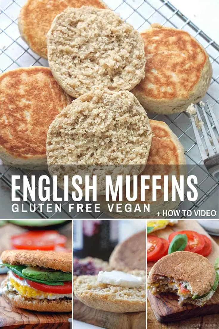 Gluten free English muffins recipe with gluten free sourdough starter - easy, healthy, homemade comfort food in just 30 minutes. No yeast, no baking rings required. Learn how to make gluten free English muffins (dairy free, vegan) with a how-to video and instructions.   #glutenfree #englishmuffins #dairyfree #vegan